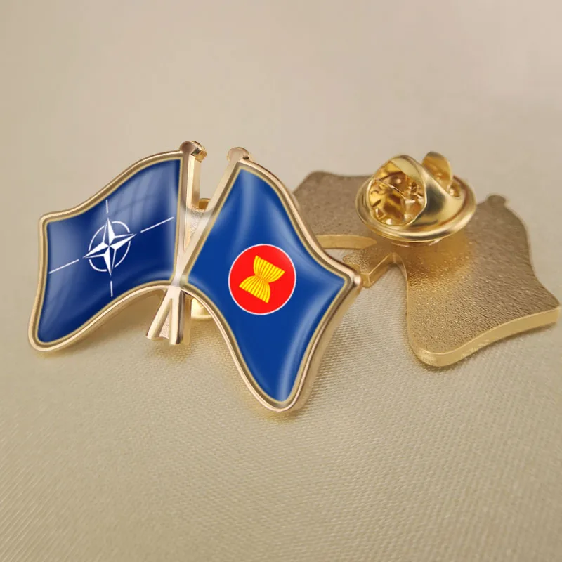 

North Atlantic Treaty Organization NATO and ASEAN Association Crossed Double Friendship Flags Lapel Pins Brooch Badges