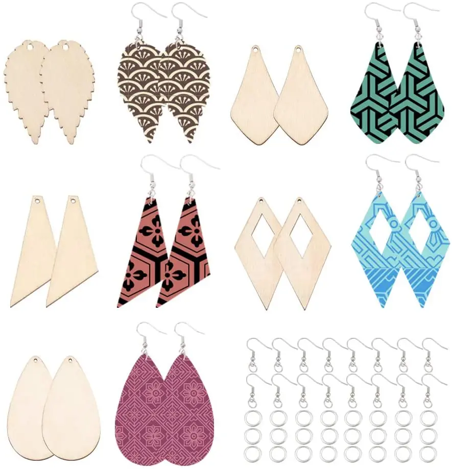 

100PC Earrings Pendants Blank Teardrop Leaf Rhombus Cutout Pendants with 150PCS Jump Rings and 130PCS Earring Hooks