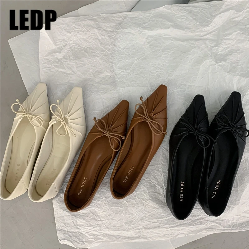 

Autumn Pointed Toe Bow Pleated Flats Women Shoes Loafers Shallow Slip on Soft Sole Comfort Office Lady Ballet Fashion Moccasins