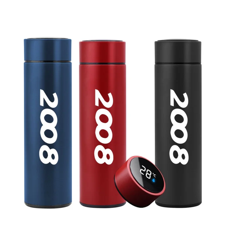 

500ml Smart Thermos bottle With Logo For Peugeot 2008 Temperature Display Portable Stainless Steel Thermo Mug Travel Coffee Cup