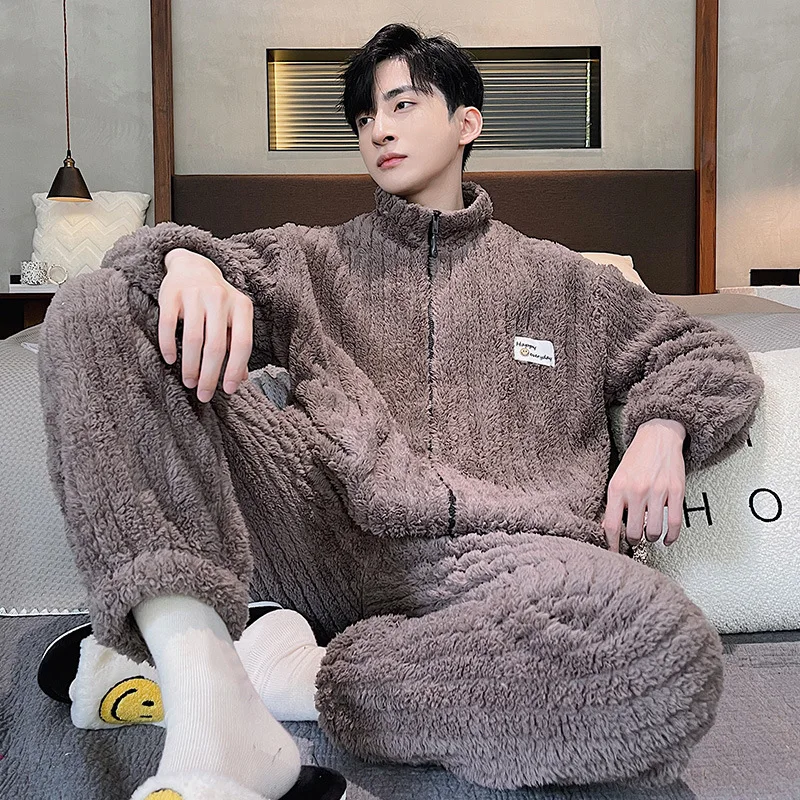 2022 Thick Flannel Men's Pajamas Set Autumn Winter Plus Velvet Thicken Long Sleeves Sleepwear Zip Nightgown Warm Lounge Wear Set