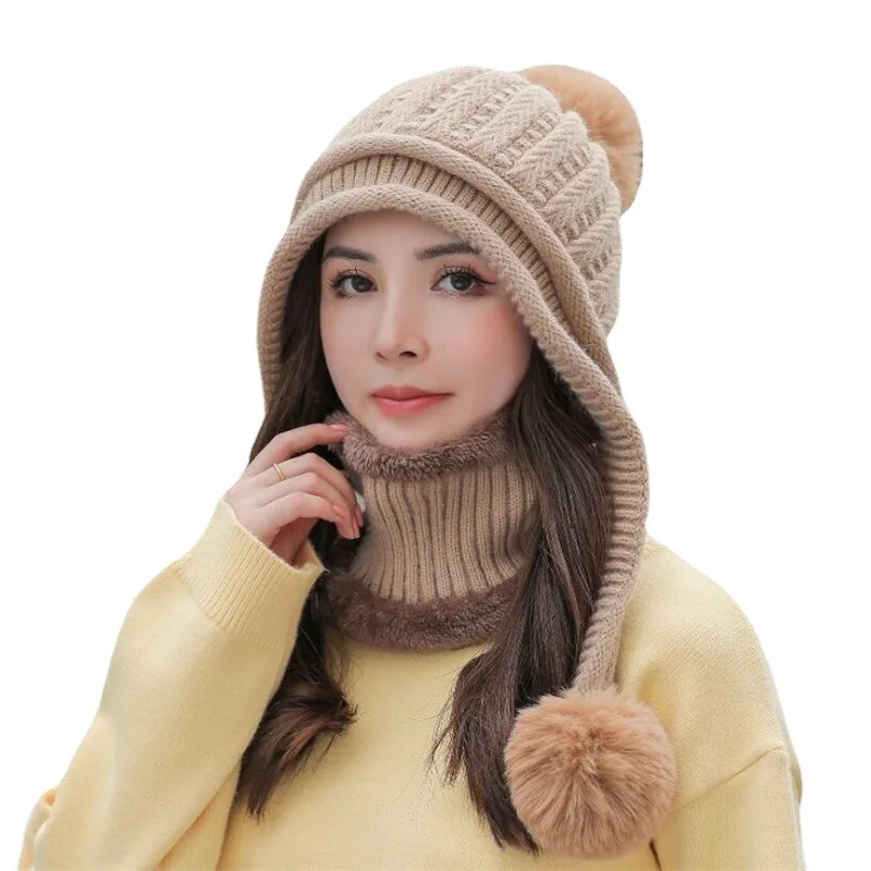 

Women Winter Peruvian Cover Ears Beanie Hat Ear Flaps Sherpa Ski Snow Hats Knit Fleece Lined 3 Pom Pom