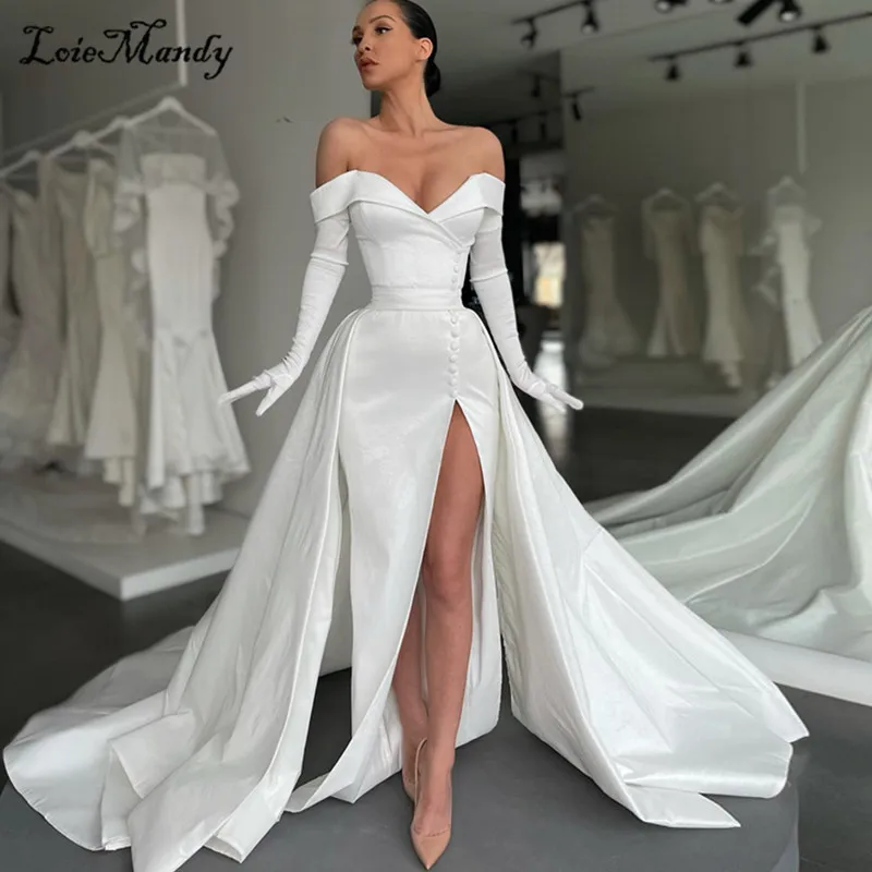 

Off Shoulder Mermaid Wedding Dress Formal Long Overskirt Trumpet Vestido de noiva Detachable Train Wedding Dresses For Women