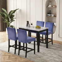 Dining Room Sets 5-Piece Counter Height Dining Table Set with 4 Upholstered Dining Chairs Faux Marble White Table+Blue Chairs