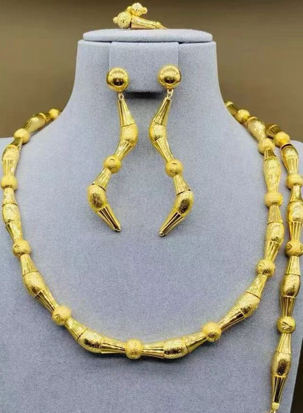 Фото Новинка: Ювелирный набор из бамбуковых бусин с позолотой 18K, 3 предмета (колье, серьги, кольцо), роскошные украшения для женщин на свадьбу или вечеринку. №2
