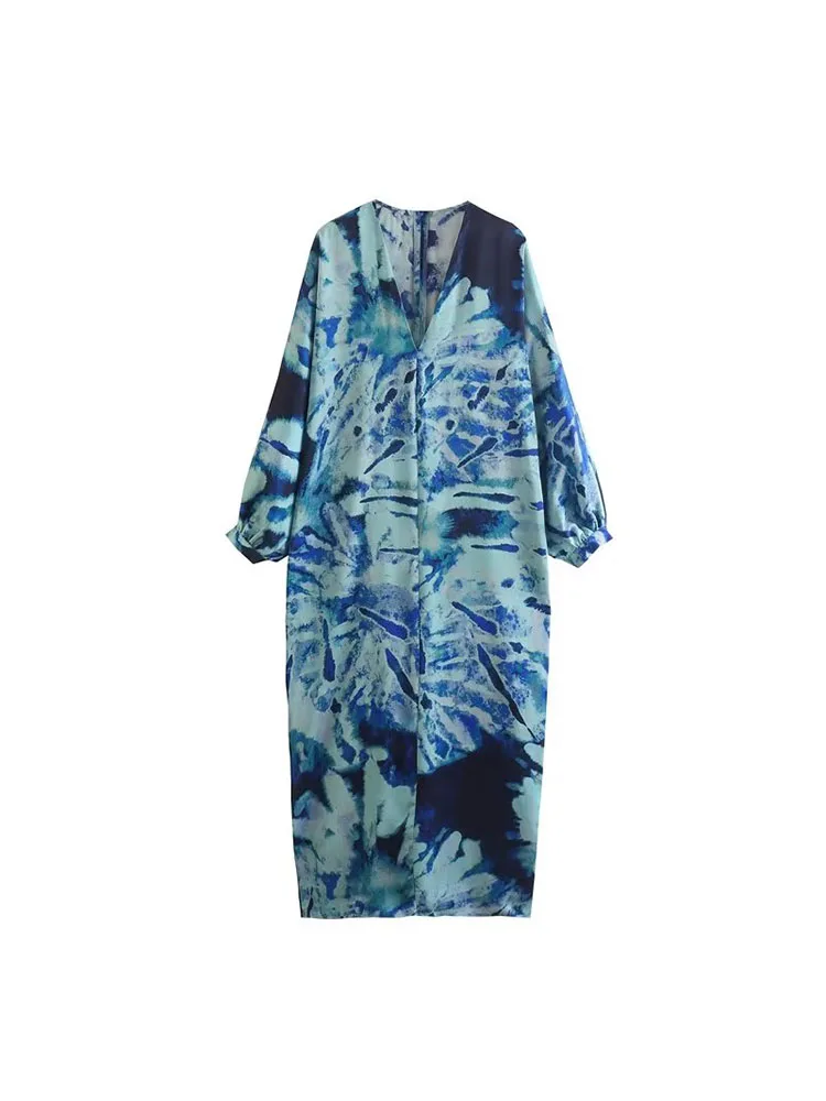

BSK&ZA&TR 2700122 Women 2023 New Chic Fashion Printed V Neck Loose Midi Dress Long Sleeve Female Dresses Vestidos Mujer 2700/122