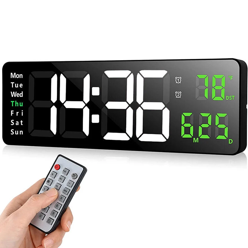 

13inch Digital Wall Clock Alarm Clock Remote Control Date Week Temperature Clock Dual Alarms LED Display Clock Living Room Dec