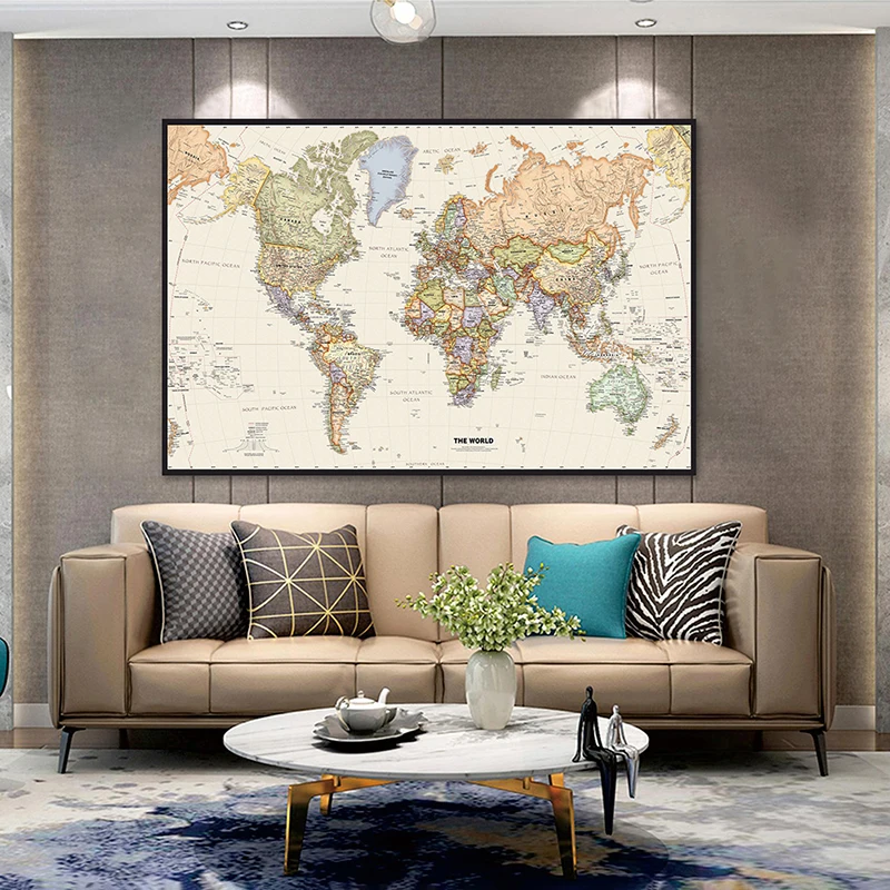 

120*80cm The World Political Map Vintage Poster Non-woven Canvas Painting Wall Unframed Prints Home Decor School Supplies