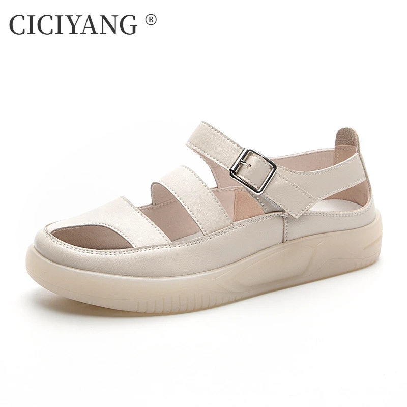 

CICIYANG Flats Sandals Women Genuine Leather Large Size Shoes 2023 Summer New Comfortable Soft Sole Protect Toes Sandals Ladies