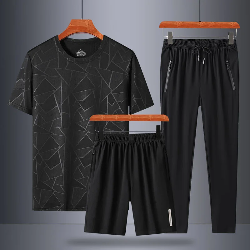 2023 Summer New Ice Silk Clothing Men's Solid Short Sleeve Tshirt+Sports Short Sleeve+Sports Pants Three Piece Set Men Clothing