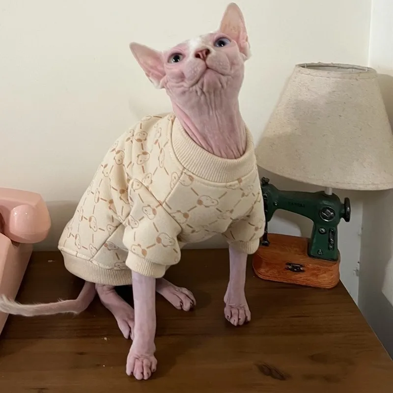 Devon Rex Cartoon Sweatershirt Thickening Soft Fleece Coat for Sphynx Cat Beige Warm UnderShirt for Pet in Spring Winter Outwear