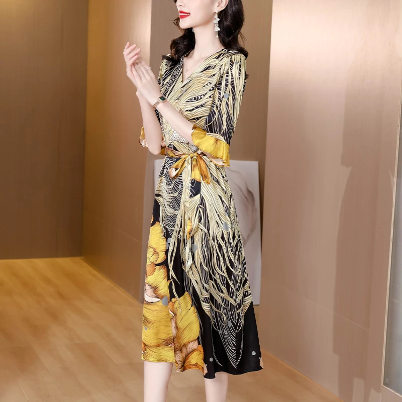 

Summer Fashion Dress Silk Long Dress Butterfly Sleeve Elegant and Pretty Women's Dresses Belt Waist Dresses Print Women Clothing