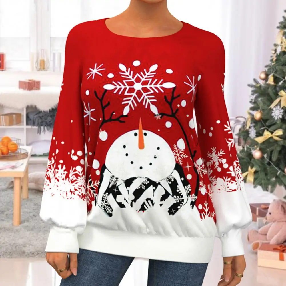 

Festive Women Christmas Top Christmas Print Warm Mid Length Snowman Christmas Sweatshirt