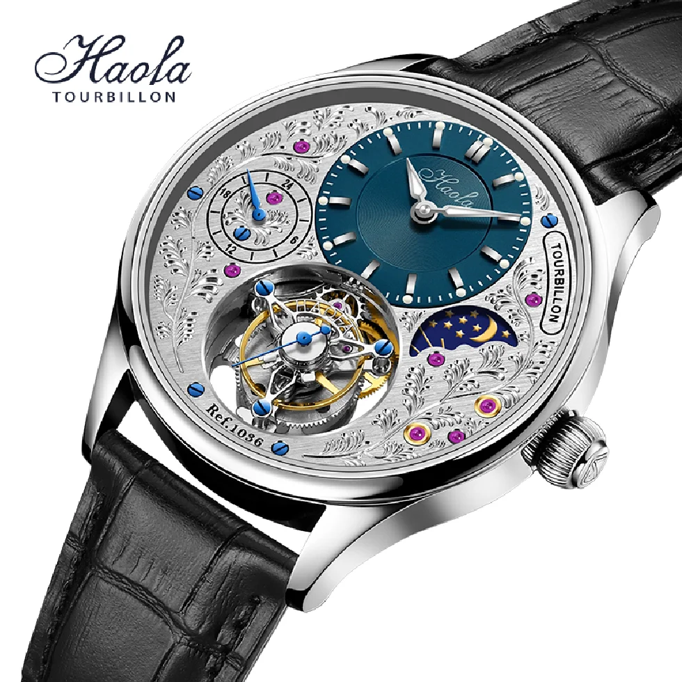 

Haofa Manual Skeleton GMT Tourbillon Movement Watch For Men Rotating Sapphire Mechanical Watches Mens 2021 Day And Night 1036