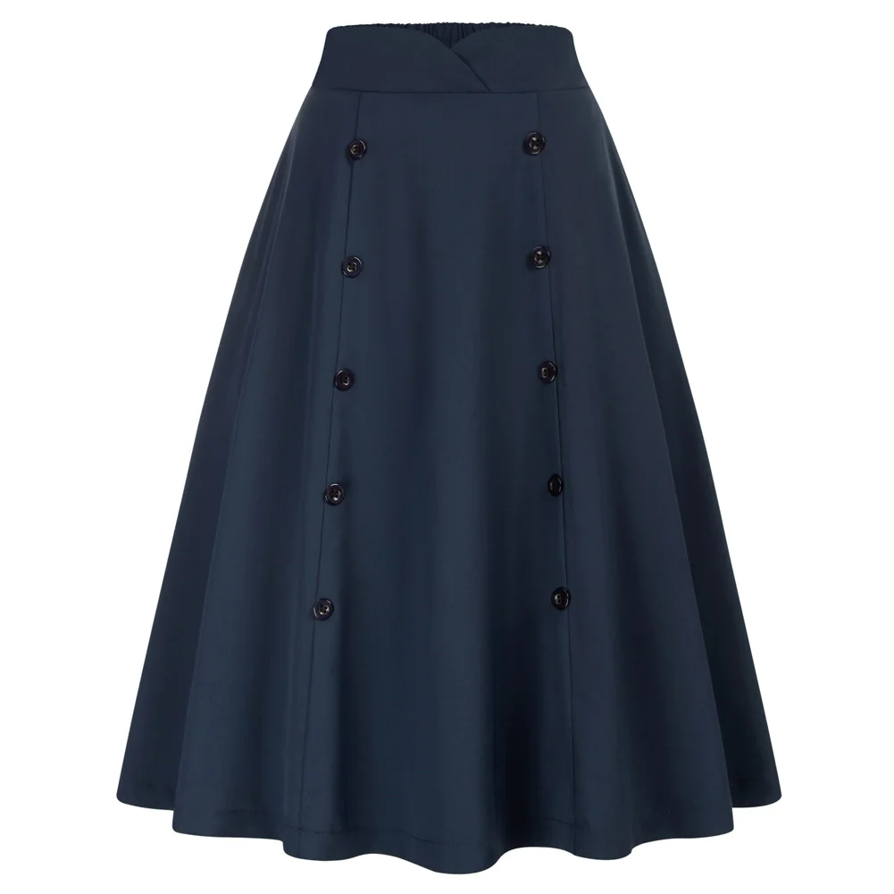 

Belle Poque Women's High Waist A-Line Pockets Skirt BP Vintage Swing Skirt Elastic Flared Button Midi Skirt Office Lady Workwear