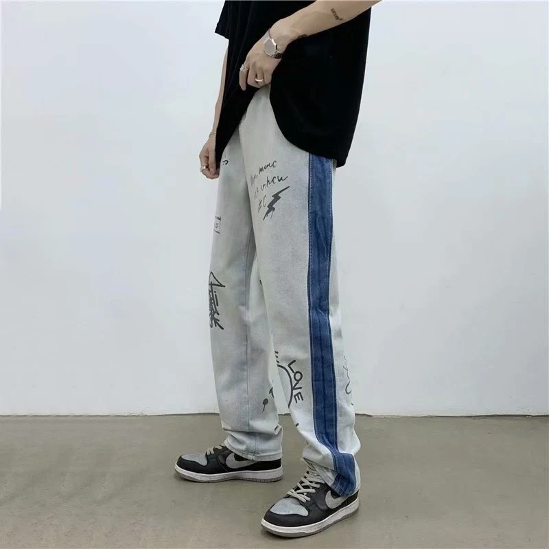 Four Seasons Men's Jeans Loose Fashion Floor Trousers Personality Printing Straight Loose Fashion Brand Streetwear Ins Hot Sale