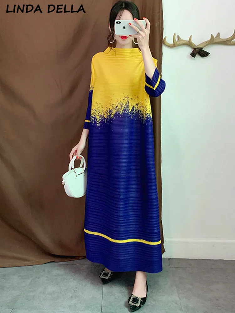 

Женское платье с градиентным принтом LINDA DELLA, повседневное Плиссированное Длинное свободное платье с воротником-стойкой и длинным рукавом, лето 2019