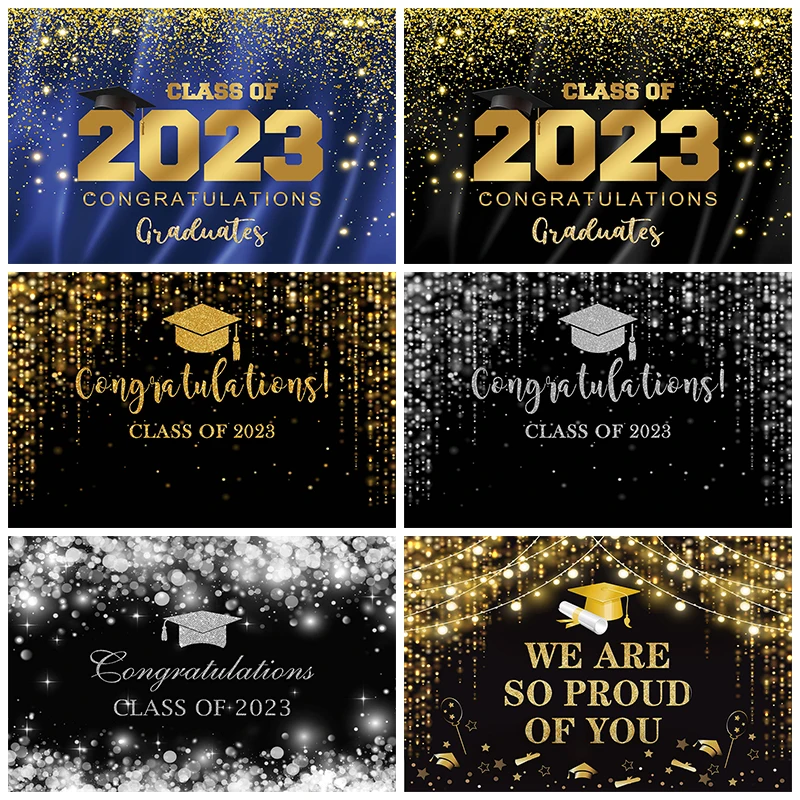 

2023 Class Graduation Backdrop for Photography Gold and Blue Bachelor Cap Balloon Grad Congrats Party Decor Banner Background