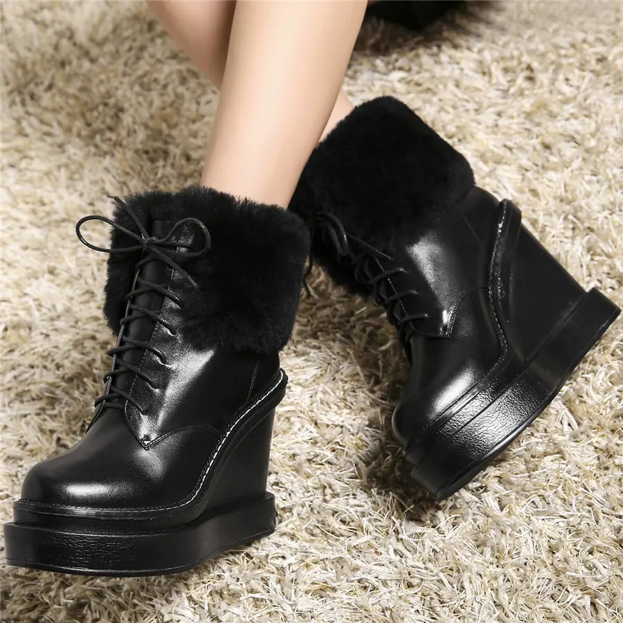 Warm Fur Pumps Women Lace Up Genuine Leather Super High Heels Snow Boots Female High Top Round Toe Fashion Sneakers Casual Shoes