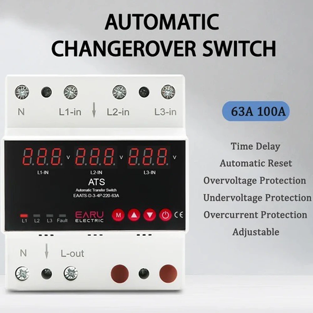 63A/100A 3-фазный 4-проводной регулируемый защитный прибор от пониженного напряжения