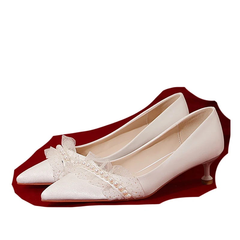 French Wedding Main Wedding Dress Bride Shoes Women's Low Heel White Satin High Heels Design Sense of Minority Temperament