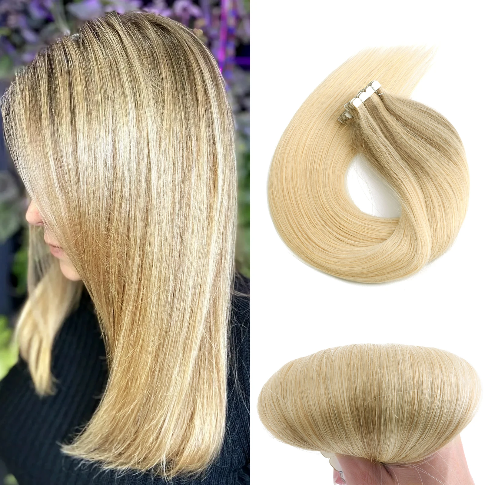 

Neitsi Tape Ins Natural Adhesive Human Hair Extensions Straight 20" 20pcs Black Blonde Ombre Non-Remy Seamless Skin Weft