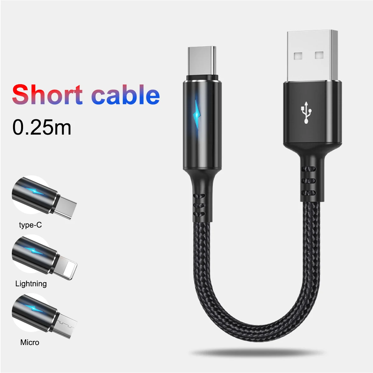 

25cm Short Nylon Braided fast charging data cable 2.4A Fast Charging Power Cable For iOS Type-C Android phone Cables Cord Wire