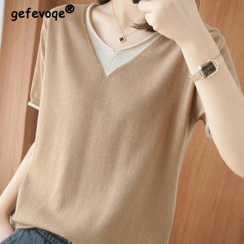 

Female Clothing Solid Color Fashion Patchwork T-shirt Summer Short Sleeve All-match Round Neck Korean Loose Knitted Pullovers