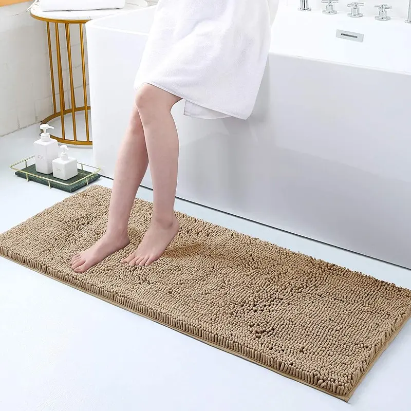 

Chenille Bathroom Rugs 17"x47" Absorbent Shaggy Bath Mat Washable Plush Bathroom Floor Mat, Beige