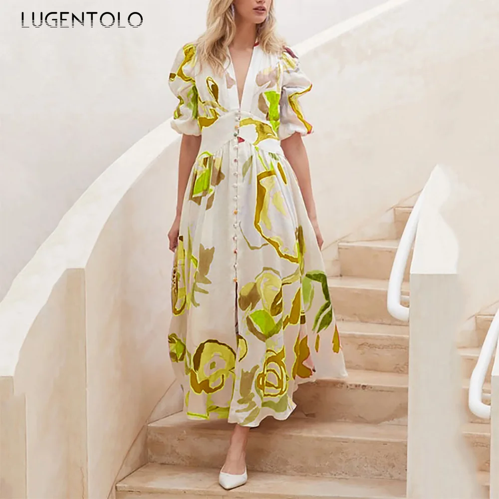 

Women Beach Slim Big Swing Dress V-neck Short Sleeve Summer Spring Female Boho Casual Print High Waist Elegant Maxi Dress