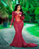 luxury wine red long sleeve mermaid evening dresses 2022 women beaded lace formal party prom dress robe de soiree