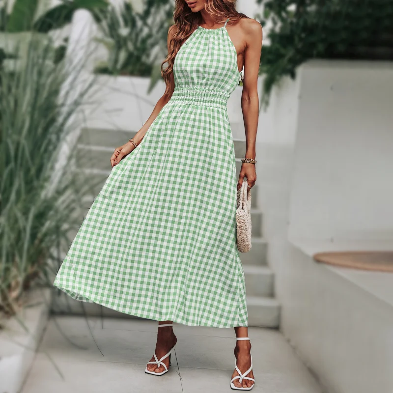 

Summer Women's Dress Casual Sweet Plaid Print Sleeveless Halterneck A-line Long Dress