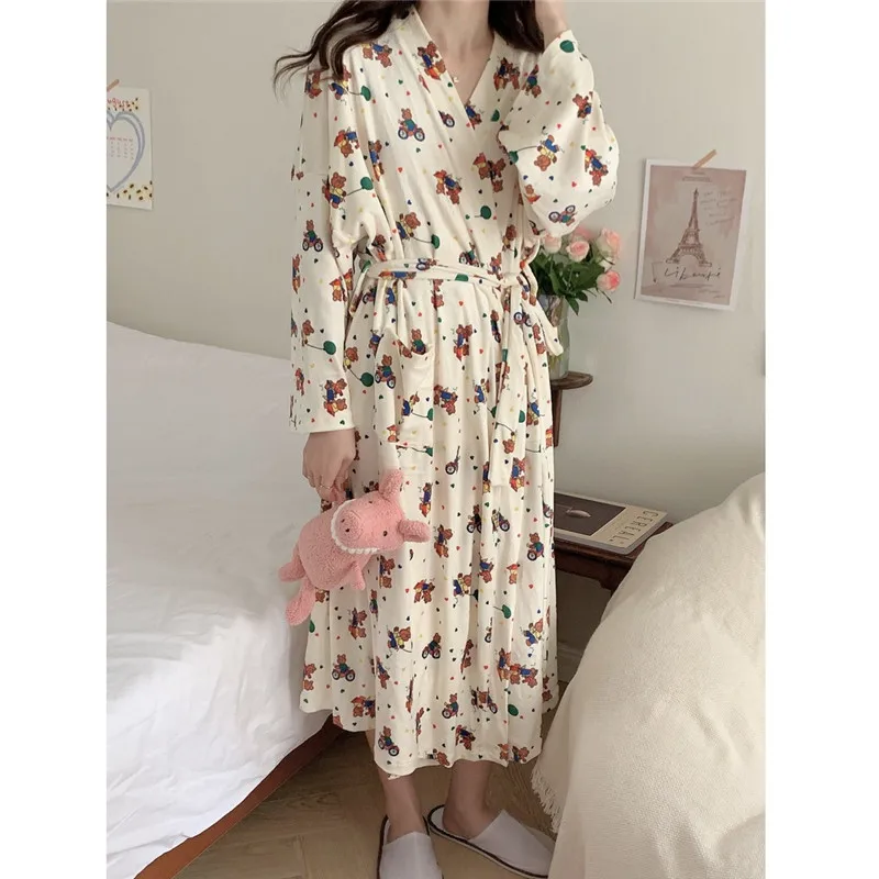 

Spring Autumn Korean Pajama Set Cartoon Teddy Bear Bathrope Long Cardigan Sleepwear Sanding Home Clothes Sweet Nightdress S448