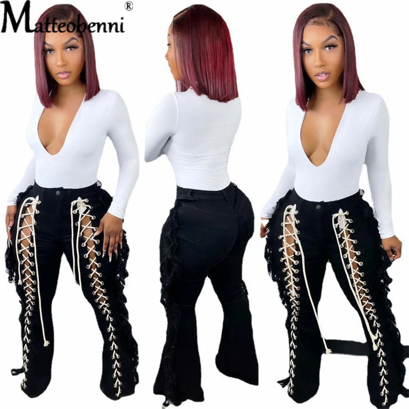 Summer 2022 Sexy Women's Cross Bandage Denim Trousers Hollow Eyelet Threading Streetwear Long Denim Trousers Women's