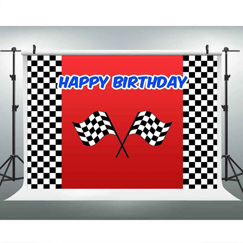 

Car Racing Themed Birthday Backdrops for Photography Black White Grid Red Photo Backgrounds Birthday Party Banner Photo Booth