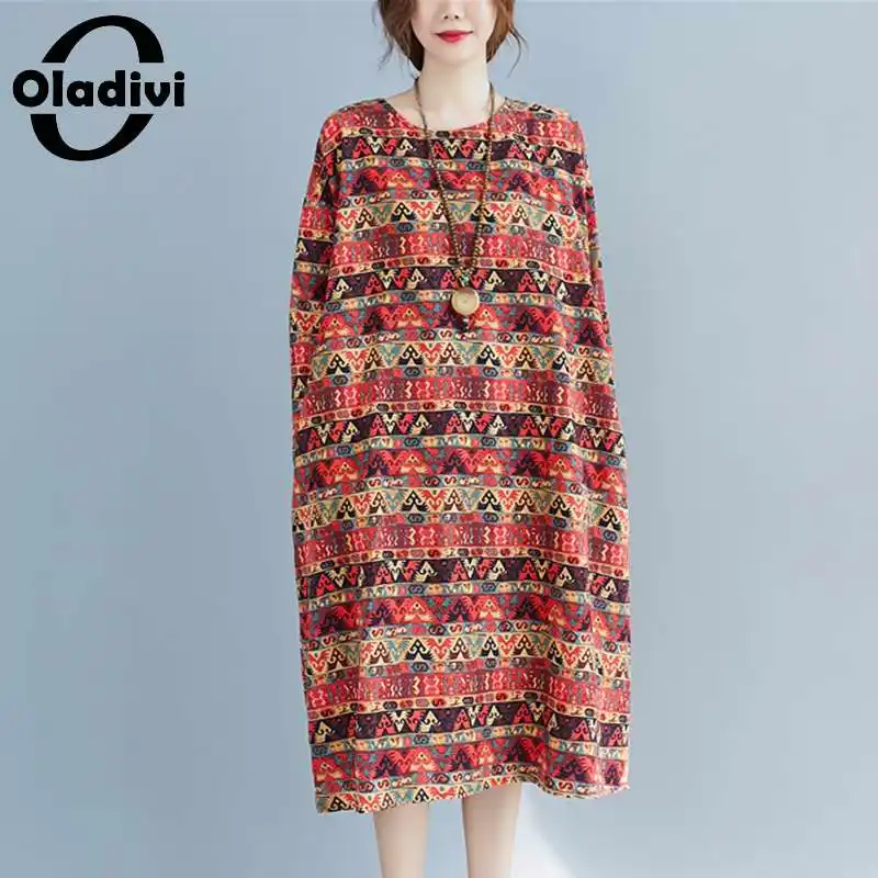 

Oladivi Oversized Retro Print Cotton Linen Midi Dress Women Spring Autumn Casual Loose Dresses Large Clothes Robe Femme Vestidio