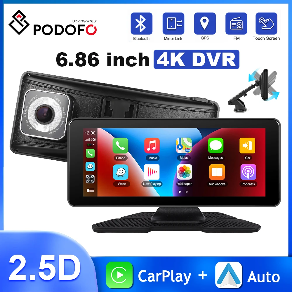 

Автомобильный видеорегистратор Podofo, 6,86 дюйма, 4K, поддержка передней камеры