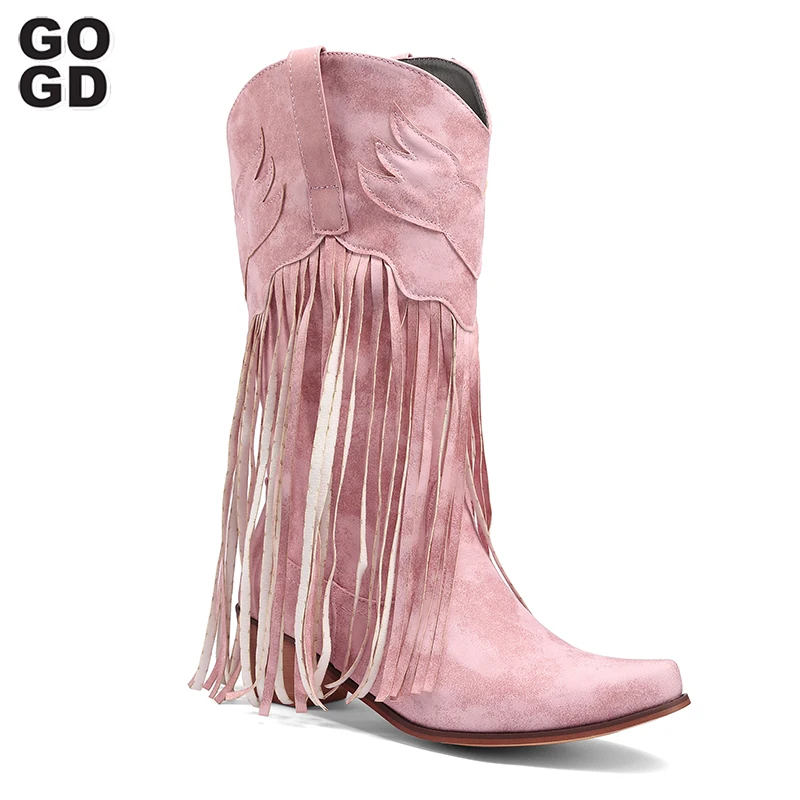 

GOGD Women 2022 New Fashion Vintage Mid Calf Retro Western Tassels Fringe Cowboy Cowgirl Boots Women Pink Casual Boots INS Shoes