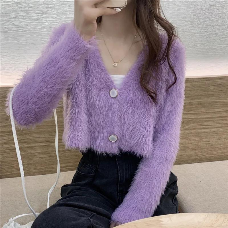 Cardigan Sweater V Neck Mink Cashmere Sweater Women Cropped Oversized Christmas Sweater Fuzzy Cardigans 2021 Korean Winter Pull