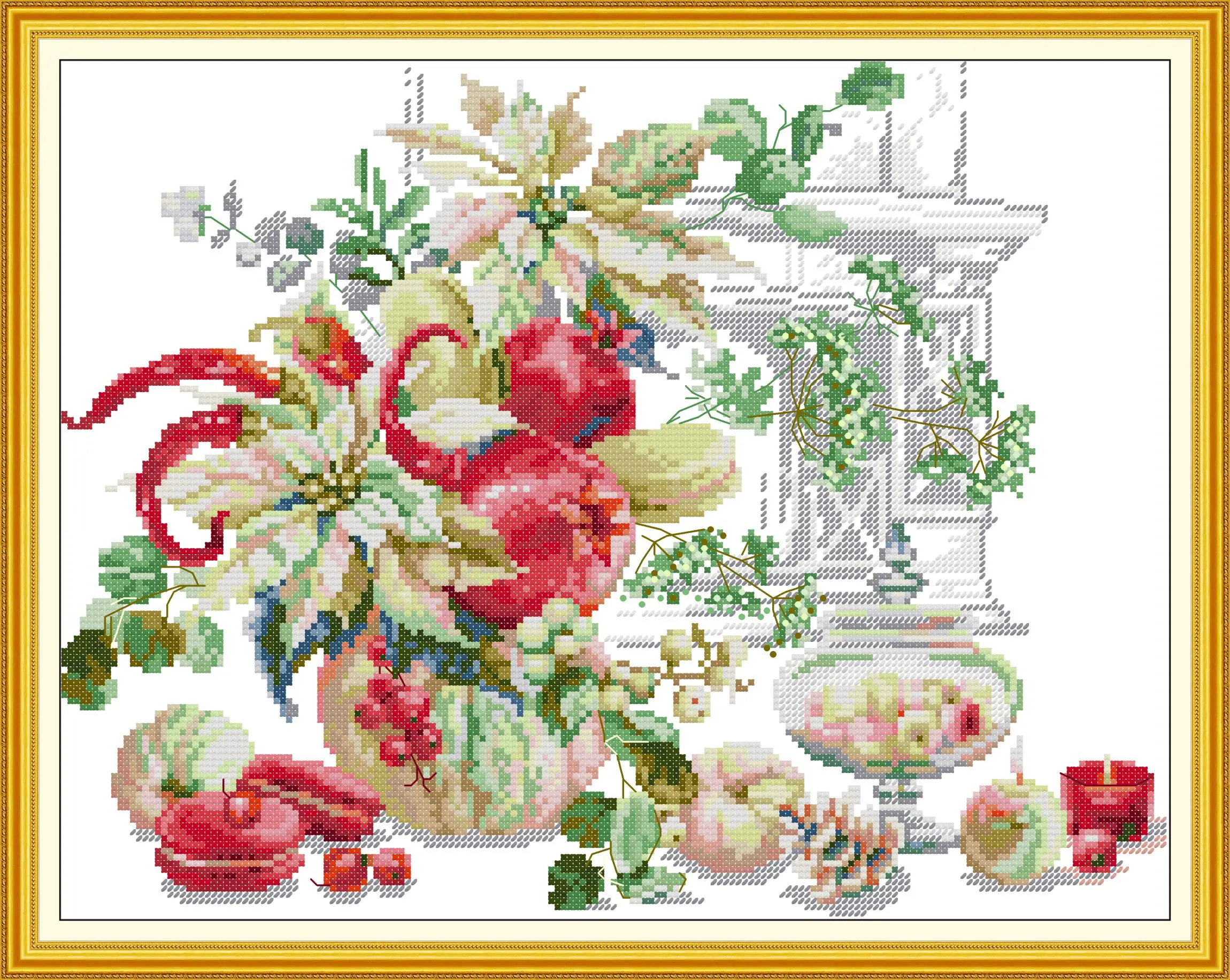 

Joy Sunday Pre-printed Cross Stitch Kit DIY Easy Pattern Aida 14/11CT Stamped Fabric Embroidery Set-Winter Berry Bouquet