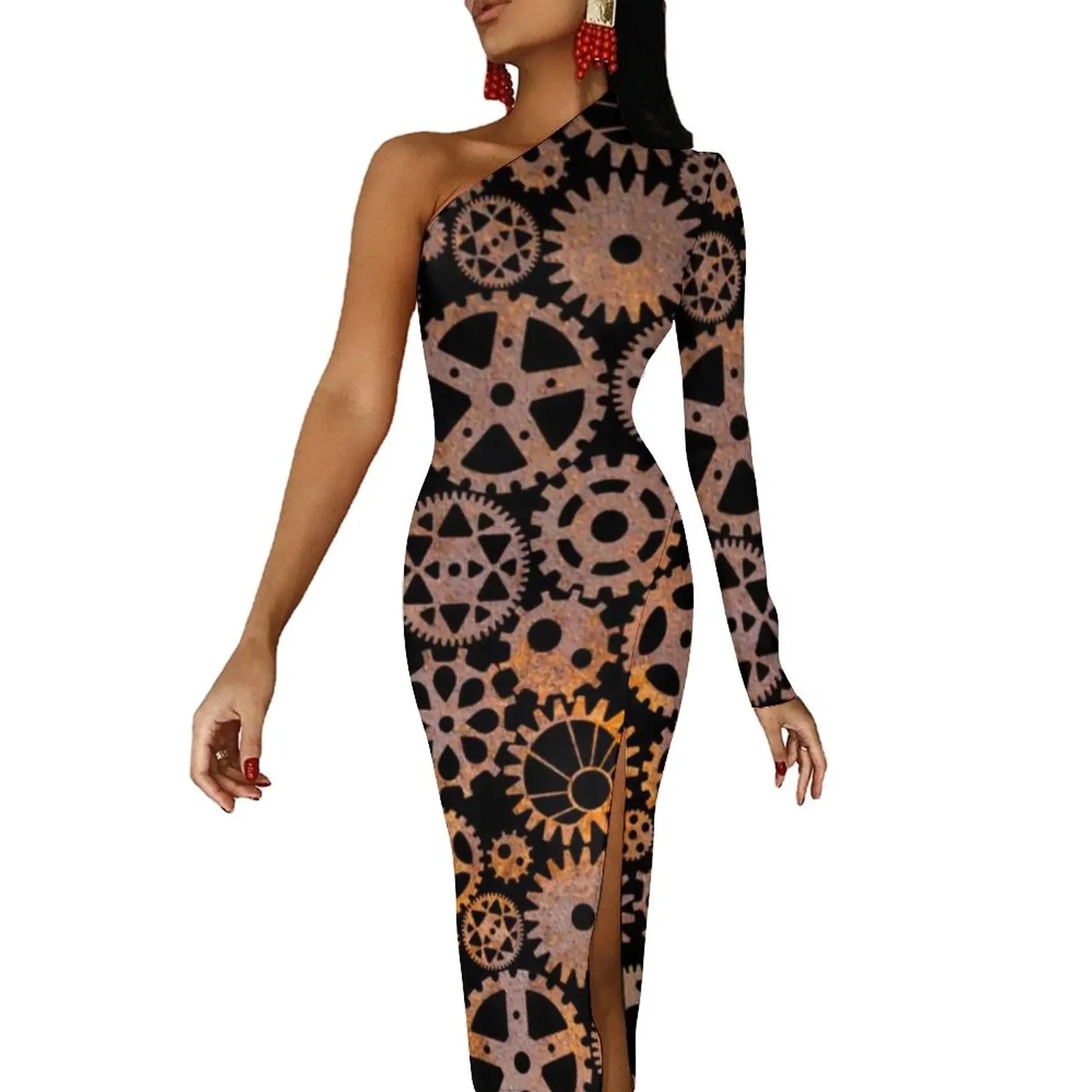 

Steampunk Rusty Gears Bodycon Dress Cool Steam Punk Style Elegant Side Split Long Dresses One Shoulder Graphic Aesthetic Dress