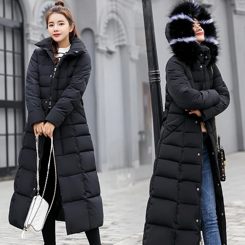 Women Cotton Padded Clothes Long Style New Clothing Korean Down Parka Overcoats Faux Fur Hooded Jacket Thickening Warm Coats New