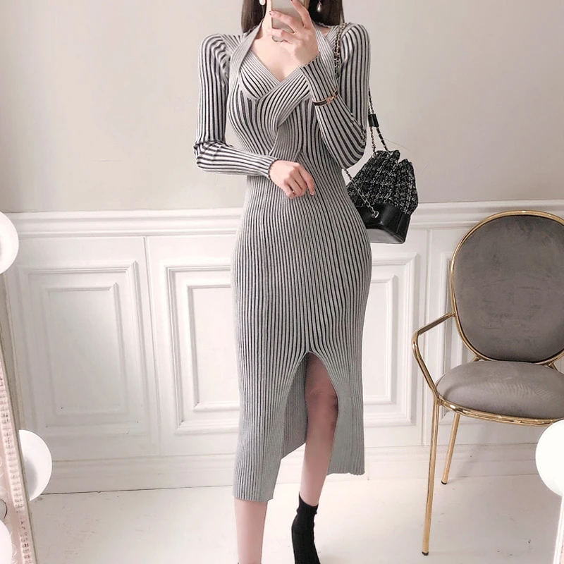 

Женское трикотажное платье с V-образным вырезом, длинным рукавом