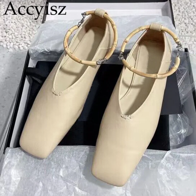 

Spring Autumn Ballet Shoes Women Ancient Bamboo Ring Buckle Sandals Real Leather Square Toe Fashion Single Shoes Lady Flat Shoes