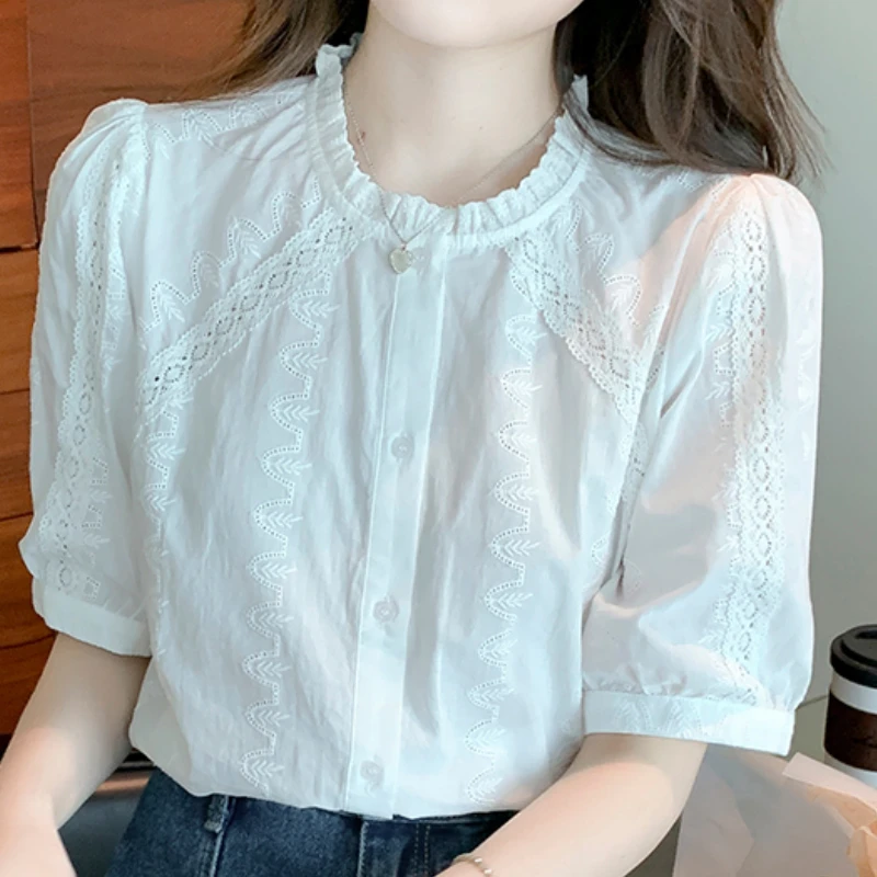 

Korean Fashion Summer Ruffle Button White Lace Shirt Casual Puff Short Sleeve Blouse Tops Blusas De Chifon Elegantes 019J