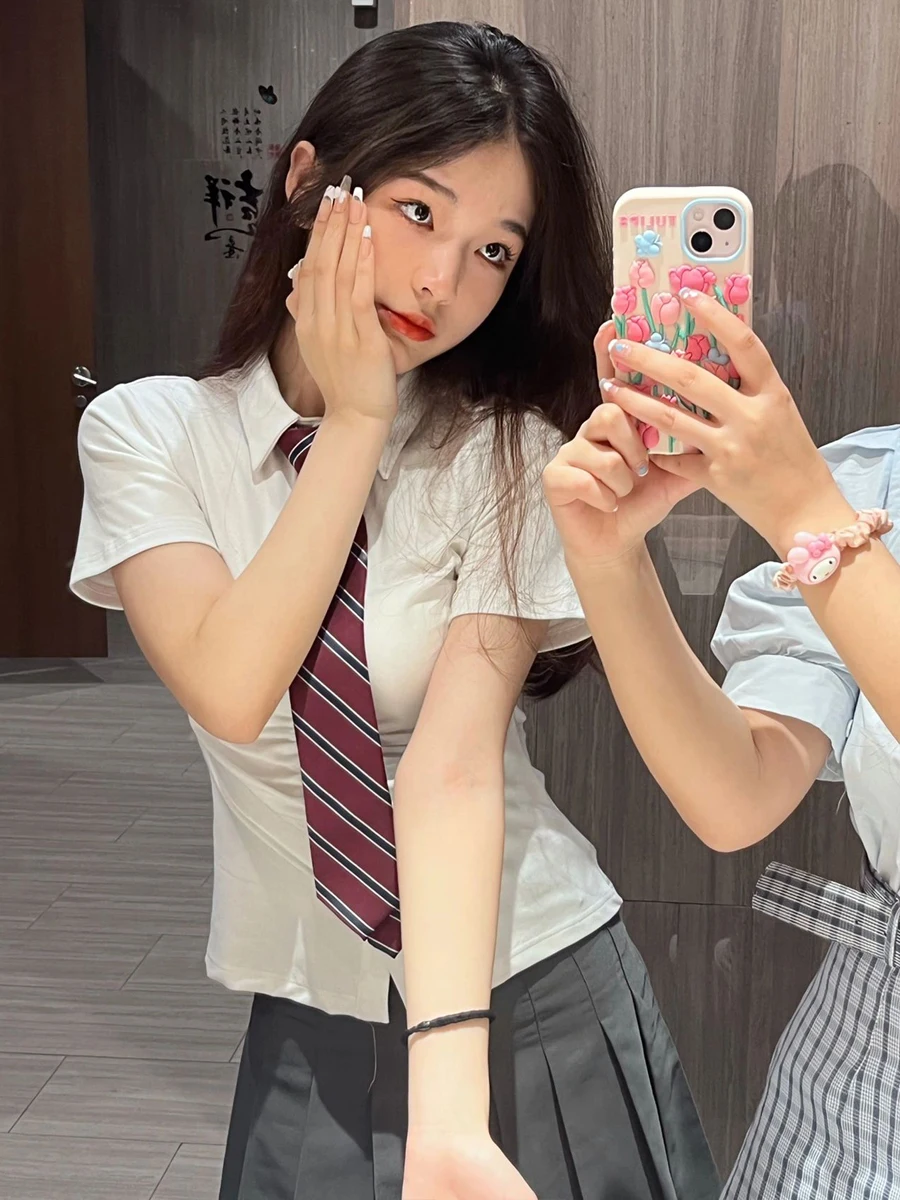 Pure Cotton Stretch Waist Hugging Shirts Summer Senior Schoolmate Jk Uniform Skirt Suit Original Genuine Figure-Flattering Sh...