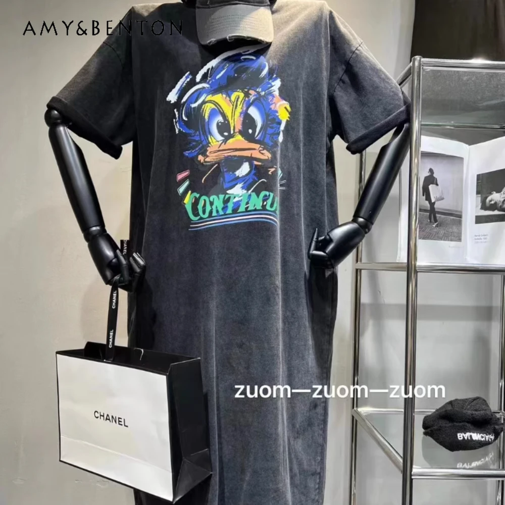 Black Half-Length Sleeve T-shirt Dress Women's Summer 2023 Design Sense Loose Casual Cartoon Print Mid-Length Tshirts Dresses