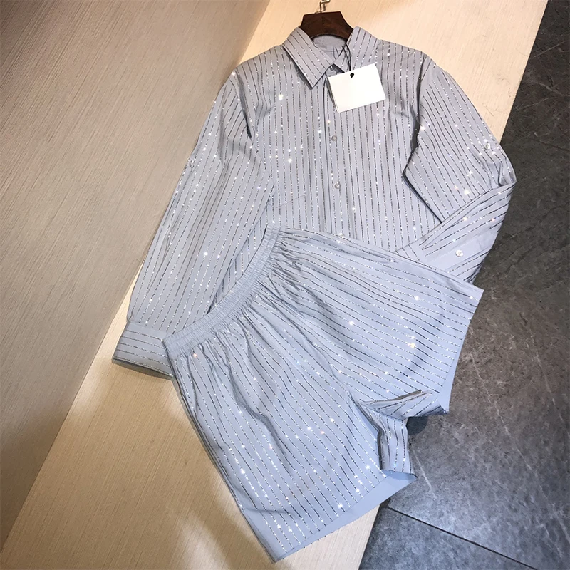 Women Polo Shiny Rhinestones Striped Shirts Hot Drilling Blouses Loose Diamonds Cardgan Blusa Tops + Beaded Shorts Two Piece Set