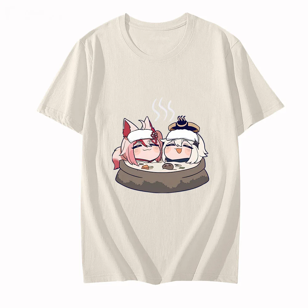 

MiHoYo Honkai Impact 3rd Cartoon T-shirts MEN Hot Spring Enjoy T Shirts 100% Cotton Tshirts Game Kawaii/Cute Tees Manga Graphic