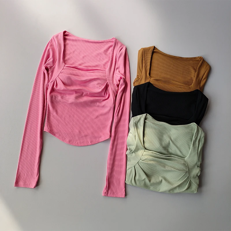 

Yoga Suit Sexy with Chest Pad for Slimming Long Sleeved Women's Sports Running Pila Speed Drying Fitness Top T-shirt Clothing